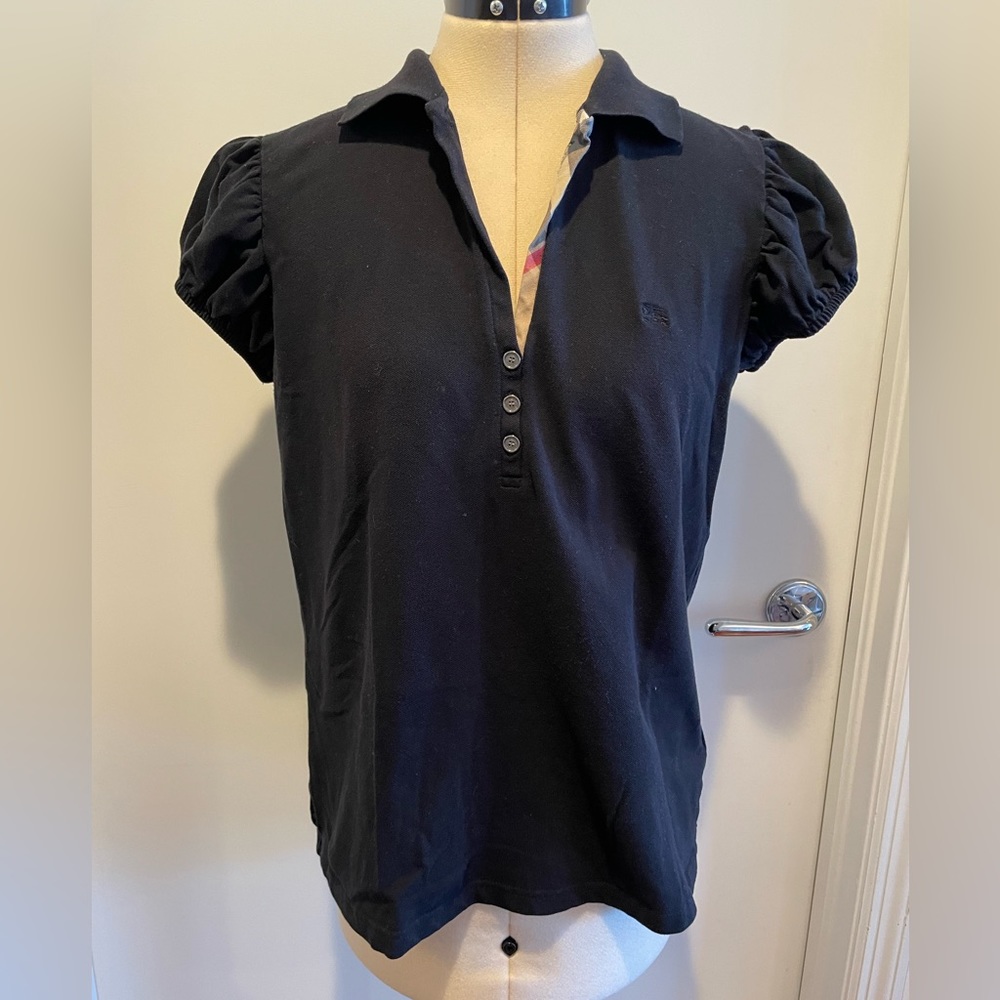 Burberry Brit Black Pique Nova Check Trim Puff Sleeve Polo Size XL.